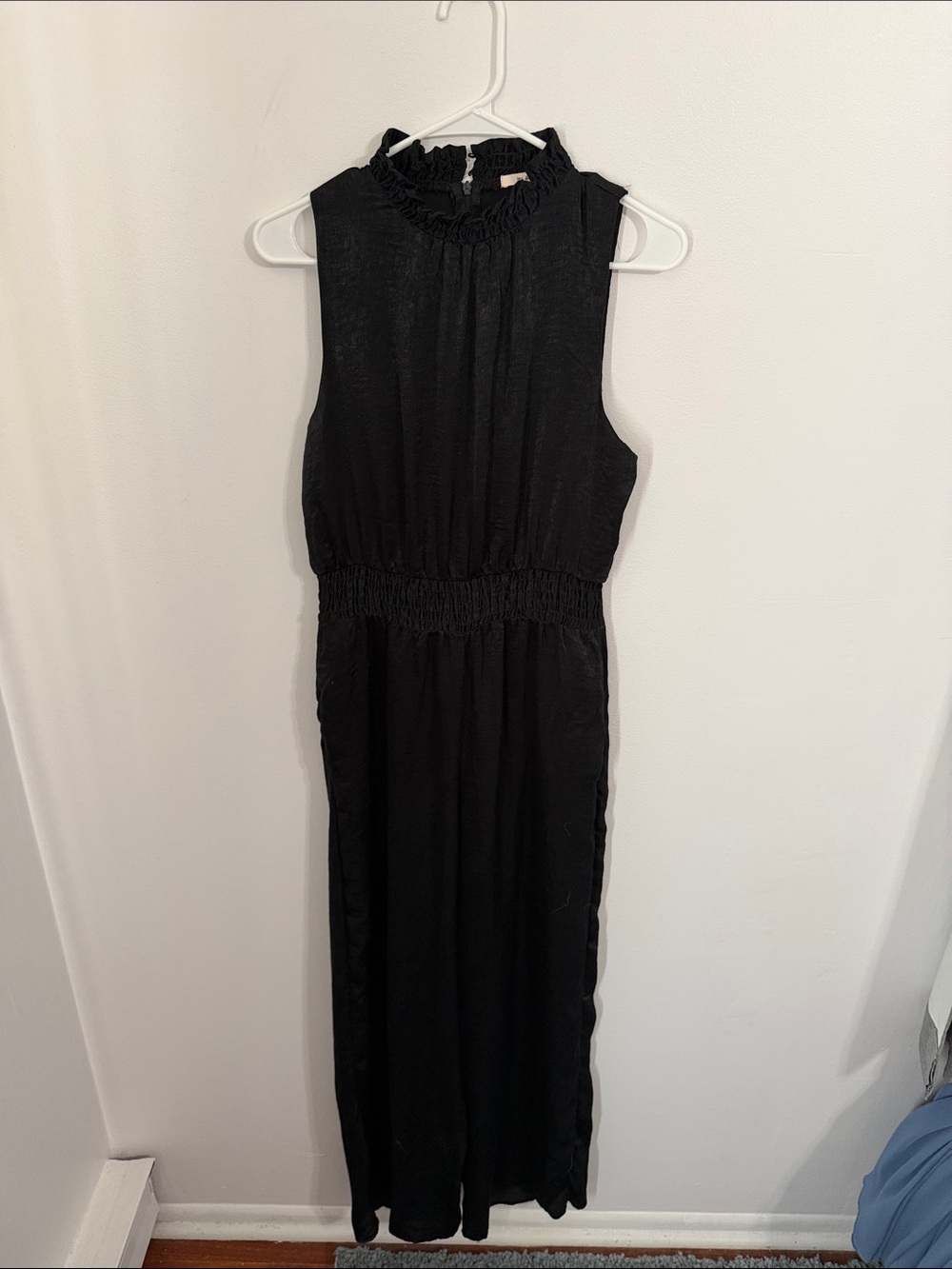 Ruffled Mock-Neck Black jumpsuit with Smocked Waist